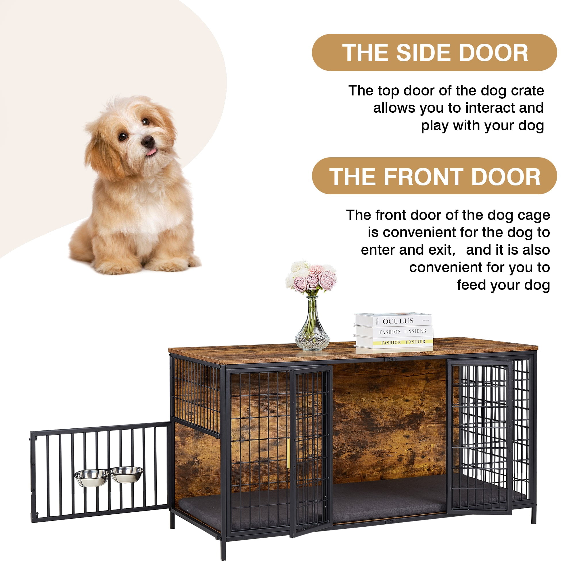 VECELO Dog Crate Furniture, 53 Inch Dog Kennel Indoor Wooden Dog Cage with Double Doors, Farmhouse Decorative Pet House for Large Medium Dogs, Chew-Resistant, Brown