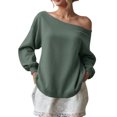 thumbnail image 2 of felwors Womens Off the Shoulder Sweatshirt Long Sleeve Pullover Tops Oversized Sweatshirts Trendy Fall Outfits Light Green, L, 2 of 5