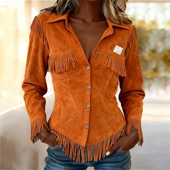 Women's Suede Fringe Western Shirt, Long Sleeve Button Down Cowgirl Blouse with Tassel Accents, Retro Western Shirts for Women for Party, Rodeo and Daily Casual Wear Orange S