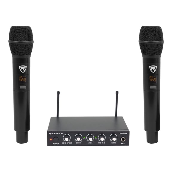 Rockville RKI60 Dual UHF Wireless Microphone Karaoke Interface Mic Mixer, 8 Channels, Echo Control, 200 ft Range, 2 Mics