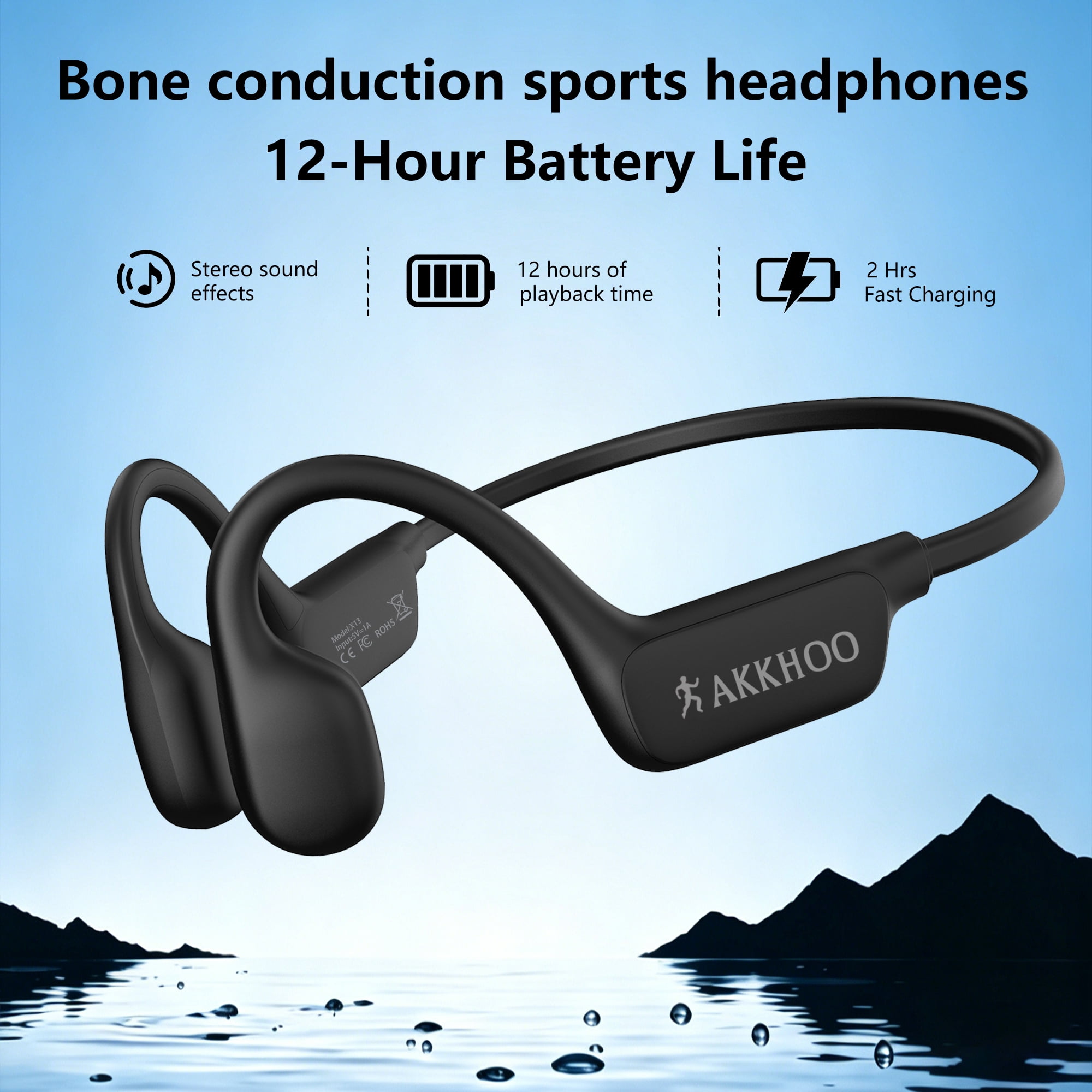 AKKHOO Open Ear Bone Conduction Headphones, Wireless Bluetooth Sports Headphones with ENC Mic, 12H Playtime, IPX6 Waterproof Running Headphones for Gym, Outdoor