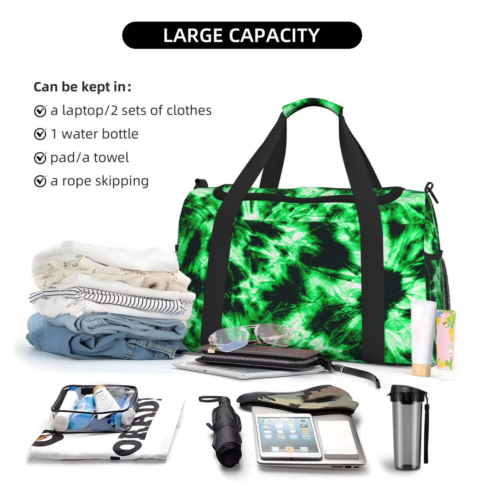 Fuzoiu Green Tie Dye Print Travel Duffle Bag,Carry On Tote Bags,Duffel Bag,Sport Gym Bag, Hospital Bag for Labor and Delivery, Overnight Bag,Luggage Bag