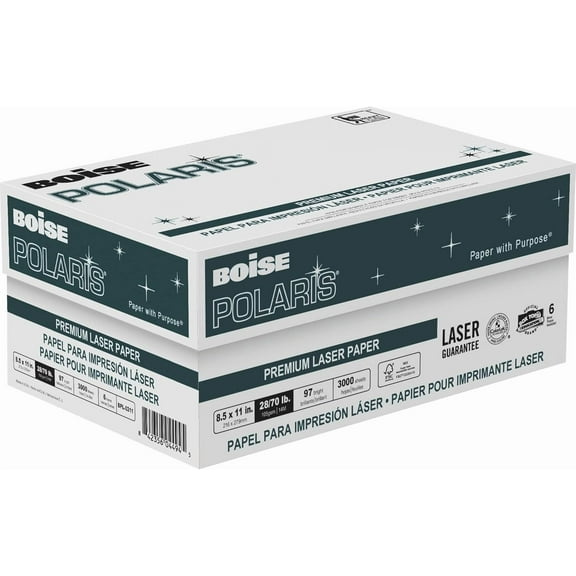 BOISE POLARIS Premium Laser Paper, 8.5" x 11" Letter, 98 Bright White, 28 lb, 6 Ream Carton (3,000 Sheets)