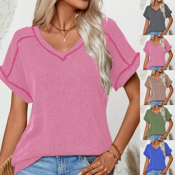 Fashion Olyvenn V Neck Cap Sleeve Ribbed Summer Tops for Women Trendy Casual Tshirt Short Sleeve V Neck Solid Shirts Army Green S