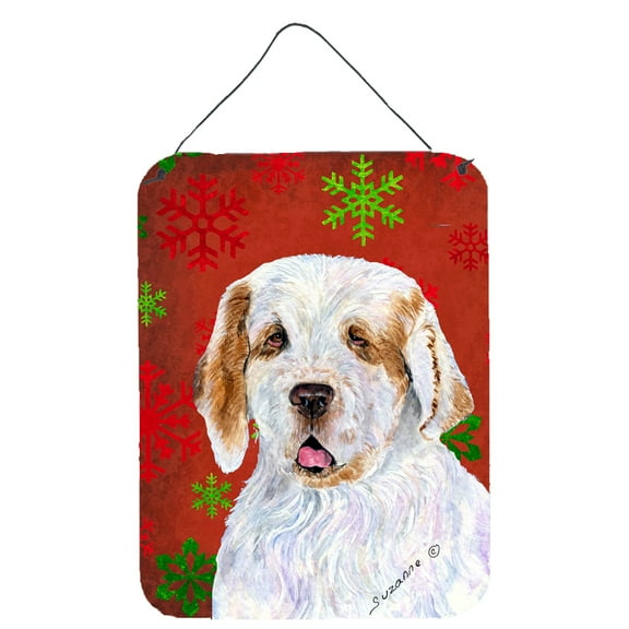 Clumber Spaniel Red Snowflakes Holiday Christmas Wall or Door Hanging Prints
