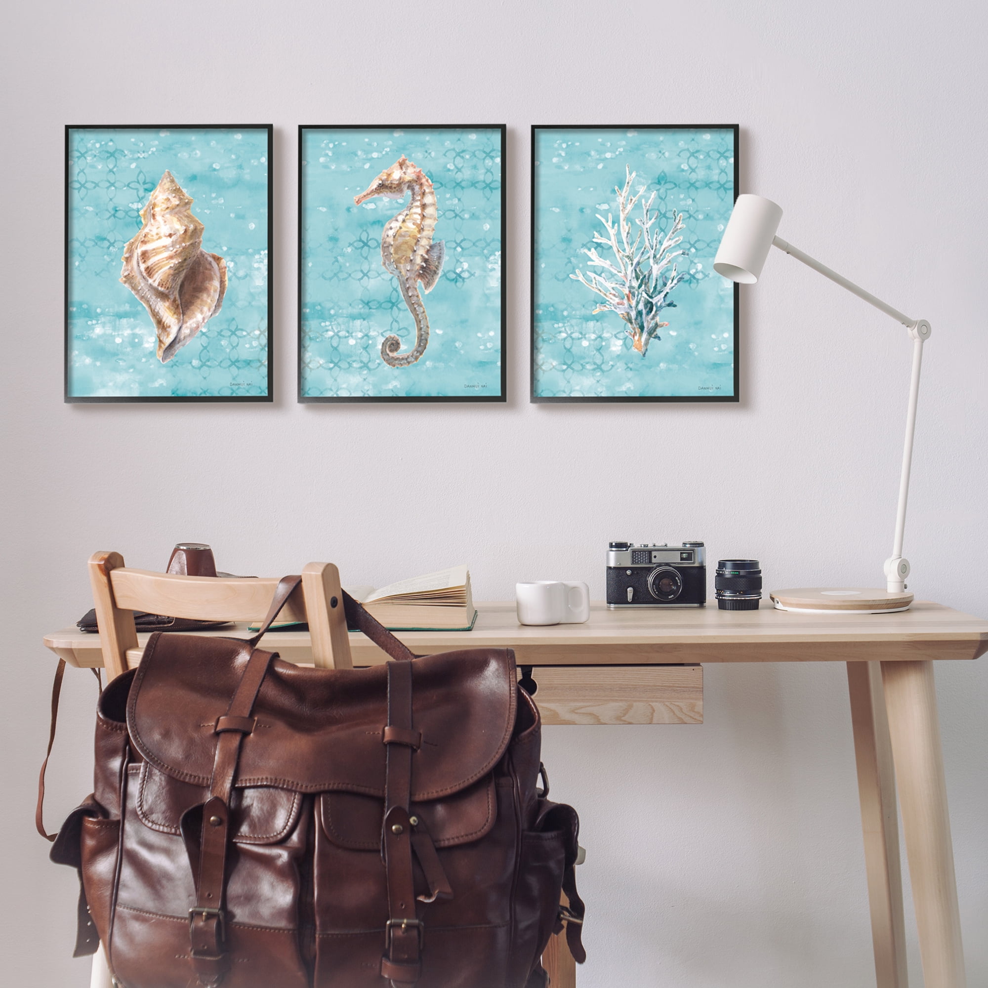 Stupell Industries Turquoise Sea Life Animals & Insects Painting Black Framed Art Print Wall Art, 16 x 20, Set of 3