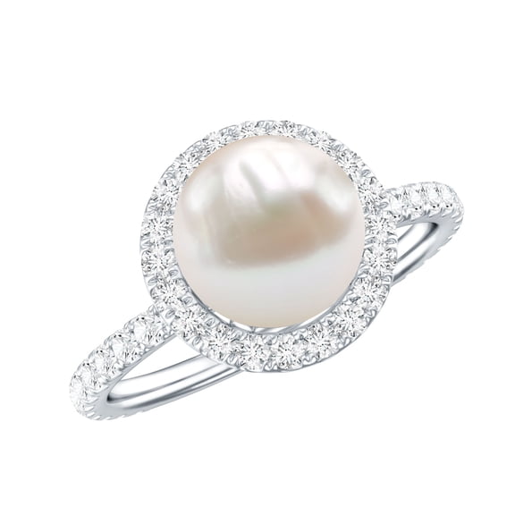 Rosec Jewels Natural Freshwater Pearl Engagement Ring with Halo - Pearl Diamond Ring for Women - 7 Carat - AAA Quality, 925 Sterling Silver, US 4.00