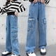 thumbnail image 5 of Odeerbi 3-14 Años Niñas Jeans de Carga Pantalones de Vaquero Lindos de Primavera Verano de Cintura Elástica Pantalones de Longitud Completa de Vaquero Con Bolsillo, 5 of 7