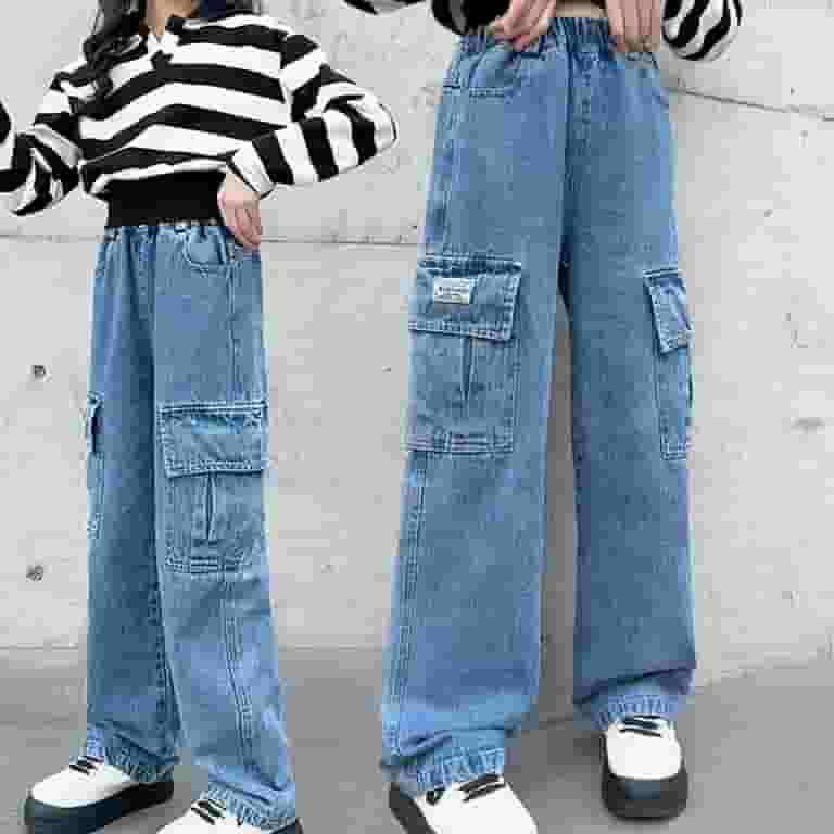 dazeni Girls Cargo Jeans Pants Elastic High Waisted Wide Leg dazeni Girls Cargo Jeans Pants Elastic High Waisted Wide Leg