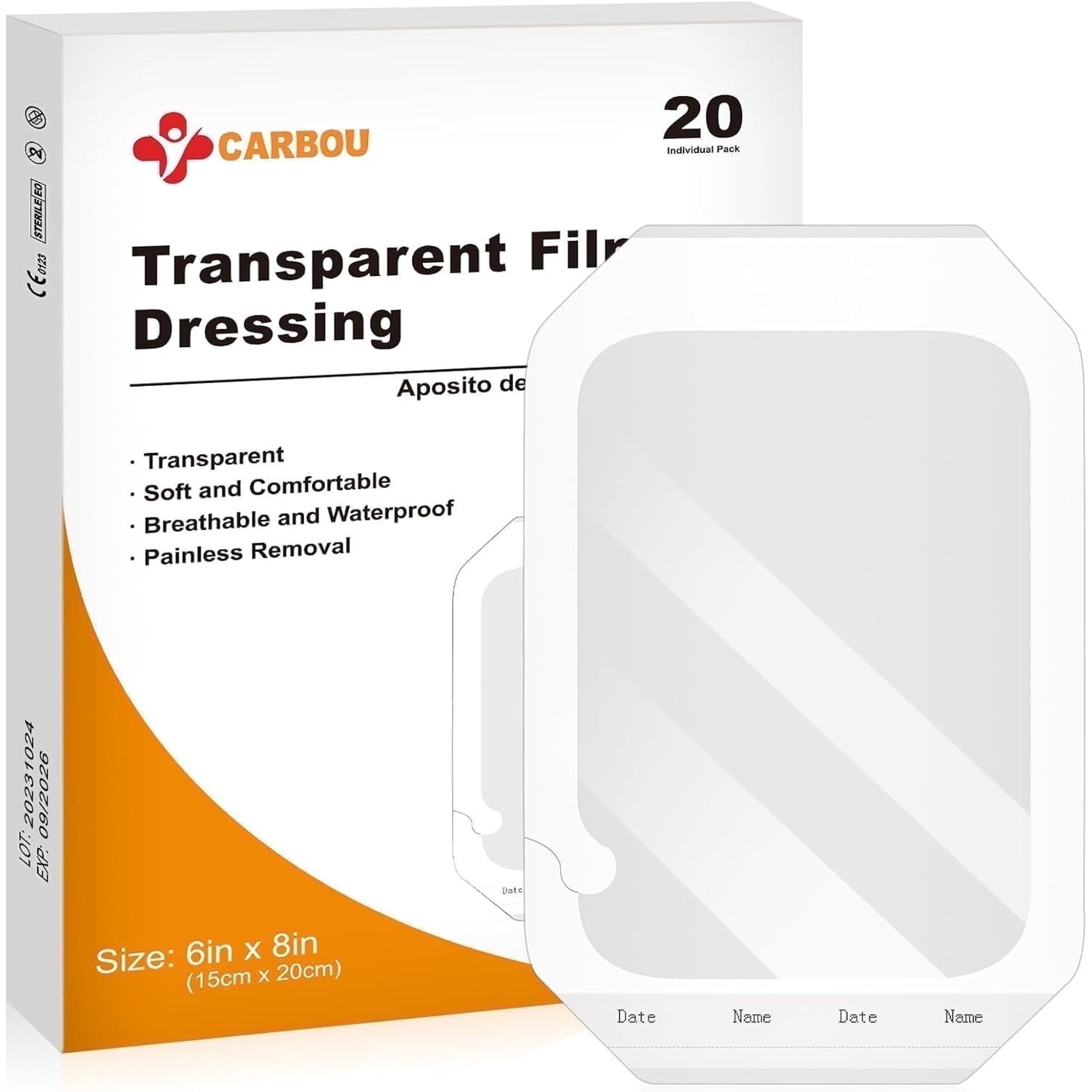 Carbou Transparent Film Dressing 6" x 8" Pack of 20,Waterproof Wound Bandage Adhesive Patches Tattoo Aftercare
