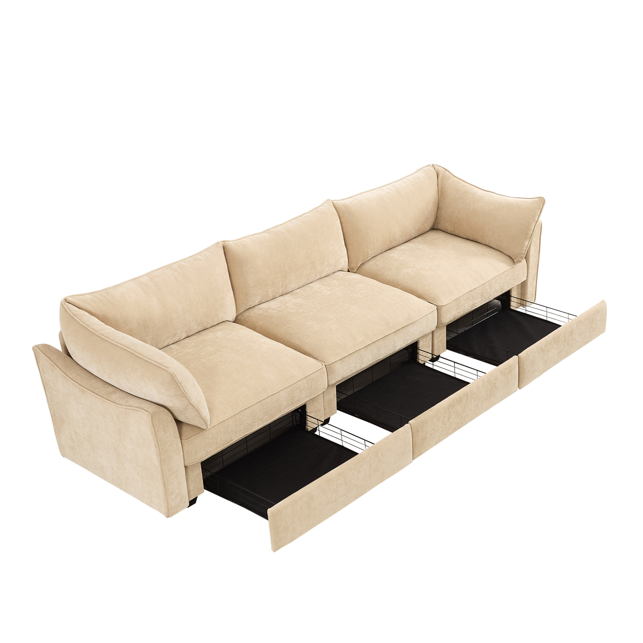 Noble House 3-Seater Sofa with Pull-Out Drawers, Crescent Armrests, and Wraparound Back & Arm Cushions, Chenille Fabric, Wheat