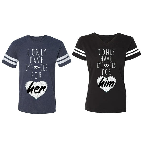I Only Have Eyes For Him Her Matching Couple Cotton Jerseys (Men Navy / Women Black) (Men S / Women S)
