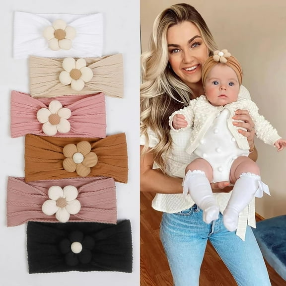 6 Pcs Handmade Flower Baby Headbands, Super Stretchy Soft Knot Headbands, Nylon Toddler Hairband Accessories for Newborn and Toddler Kids