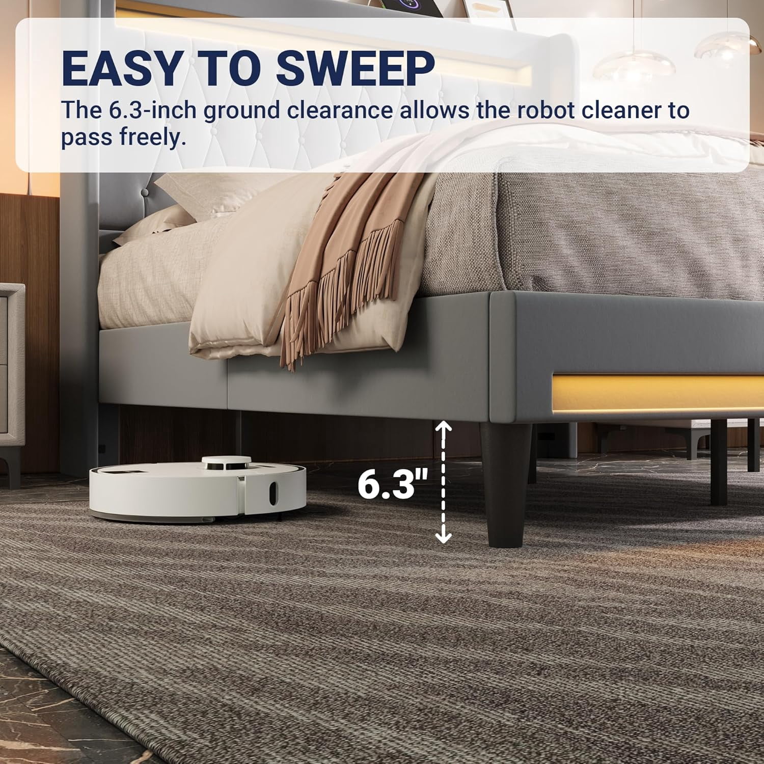 Allewie Upholstered Full Size Platform Bed Frame with LED Light and Charging Station, Button Tufted High Headboard, Wingback Design, Noise Free, Easy Assembly, No Box Spring Needed, Grey