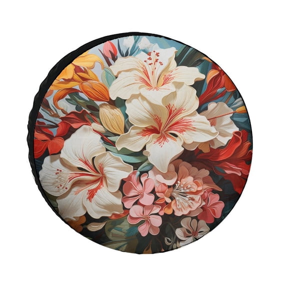 Bright Colorful Summer Flowers Camper Spare Tire Cover Colorful Shabby Flowers Weatherproof Universal Wheel Protectors Fit for Trailers SUV Off-Road Vehicle Camper And Trucks 12inch
