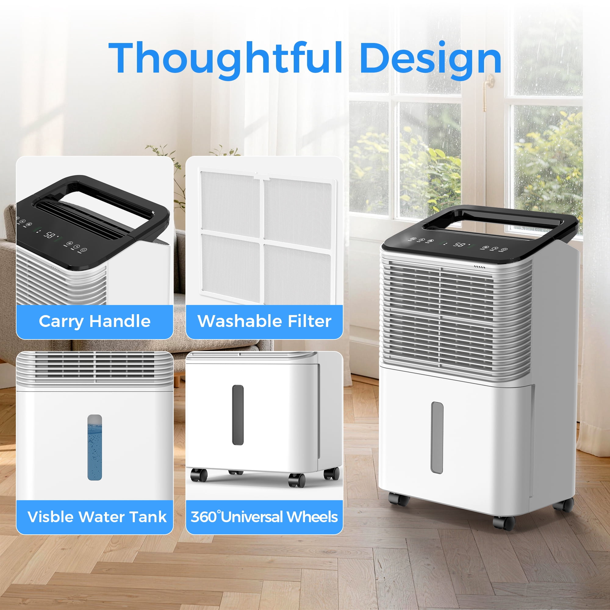 KLOUDIC 12 Pints (DOE) Dehumidifier for Basements, Home Large Rooms, Bathrooms,  MAX 50 Pints/Day, Auto Mode with Drain Hose, Smart Humidity Control, 2.5L Water Tank, Covers Up to 2000 Sq.ft
