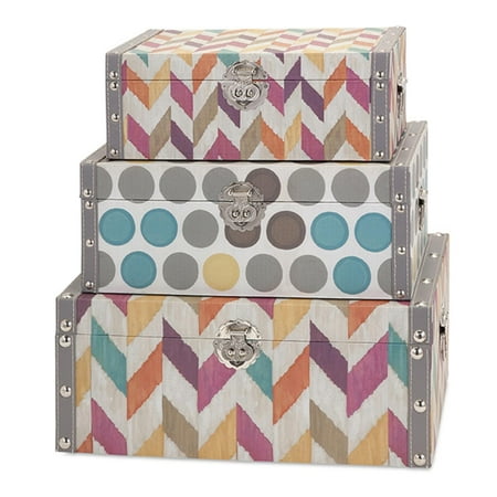 Cotton Striped Trunk - Set of 3 Colorful Polka Dot and Chevron Stripe Fabric Covered Storage Trunks 18.25