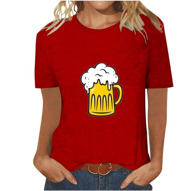 Tops Cortos para Mujeres, Oktoberfest Casual Impreso Cuello Redondo Manga Corta Camiseta Top Hecho de Poliéster para la Primavera Verano Uso Diario, Camisetas Casuales de Mujer