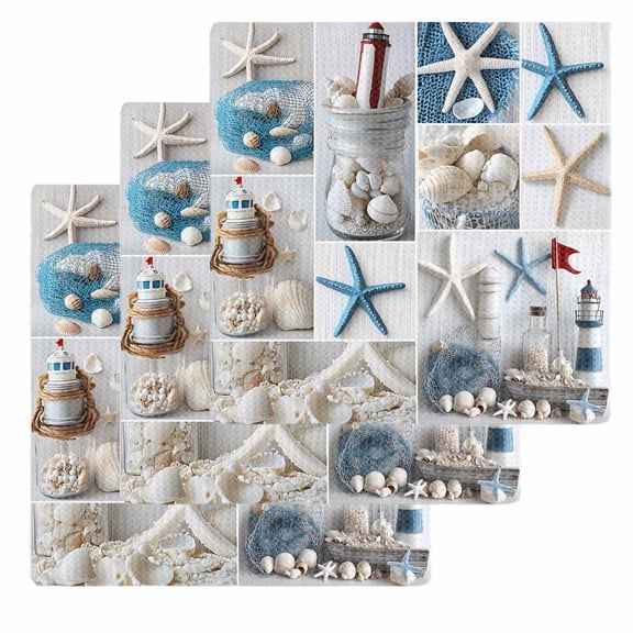 Coastal Dish Towels Set, Waffle Weave Kitchen Towels 3 Pieces, Summer Beach Starfish Nautical Sea Shell Microfiber Hair Face Bath Tea Towel Absorbent Quick Drying Cleaning Dish Cloths, 12"x12"