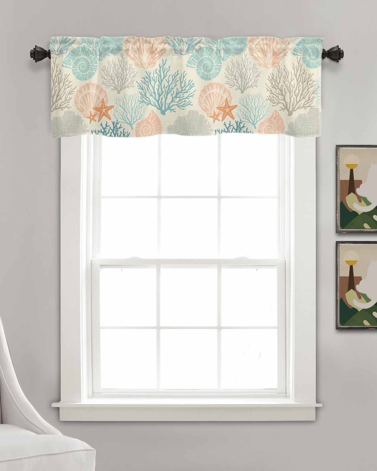 Coastal Turquoise Kitchen Valances for Windows Farmhouse Linen Window Valance Curtain for Living Room Window Treatment Ocean Coral Starfish Shell Modern Sea Valance Rod Pocket Topper, 60 x 18 Inch