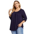 thumbnail image 3 of Women Plus Size Pleated Flowy Top 3/4 Roll Sleeve Casual Loose Blouse Round Neck Tunic Shirt Long Sleeve Black XL, 3 of 9