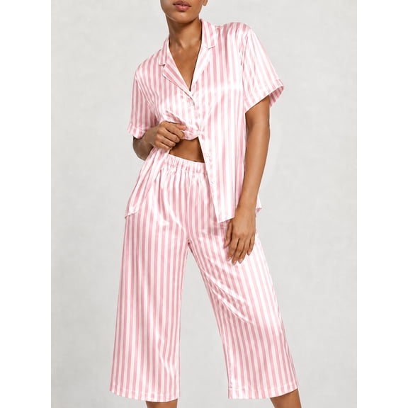 DAKIMOE Silk Satin Pajama Set for Women Capri Pajamas Short Sleeve Button Down Two Piece Pjs Sleepwear Soft Loungewear Nightwear