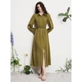 thumbnail image 4 of Green Womens Viscose Tencel Pleated Shirt Collar Button Down Long Sleeve Cinched Waist Casual Maxi Dress, 4 of 8