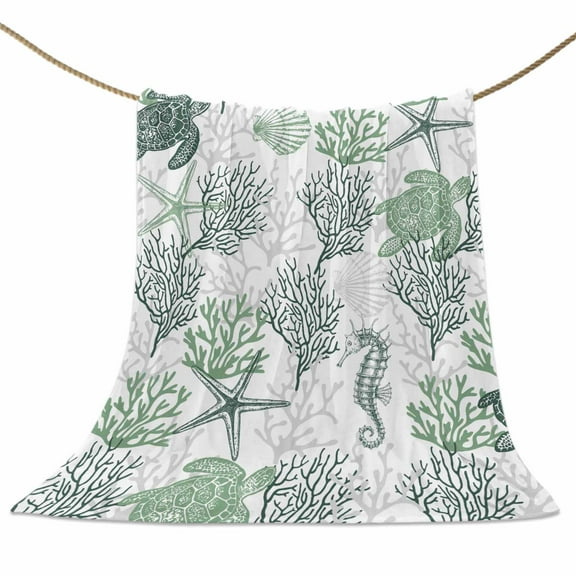 Flannel Fleece Blanket Ocean Marine Life Green Turtle Super Soft Warm Cozy Throw Blanket Starfish Jellyfish Coral Shell Bed Couch Car Blankets for All Season 40" x 50"