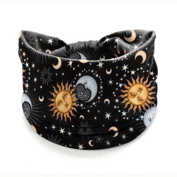 1 Pcs Moon Sun Pattern Printed Wide Edge Headband Non-Slip Knotted Headwear Fashion Hair Accessories for Women and Daily Use（black）