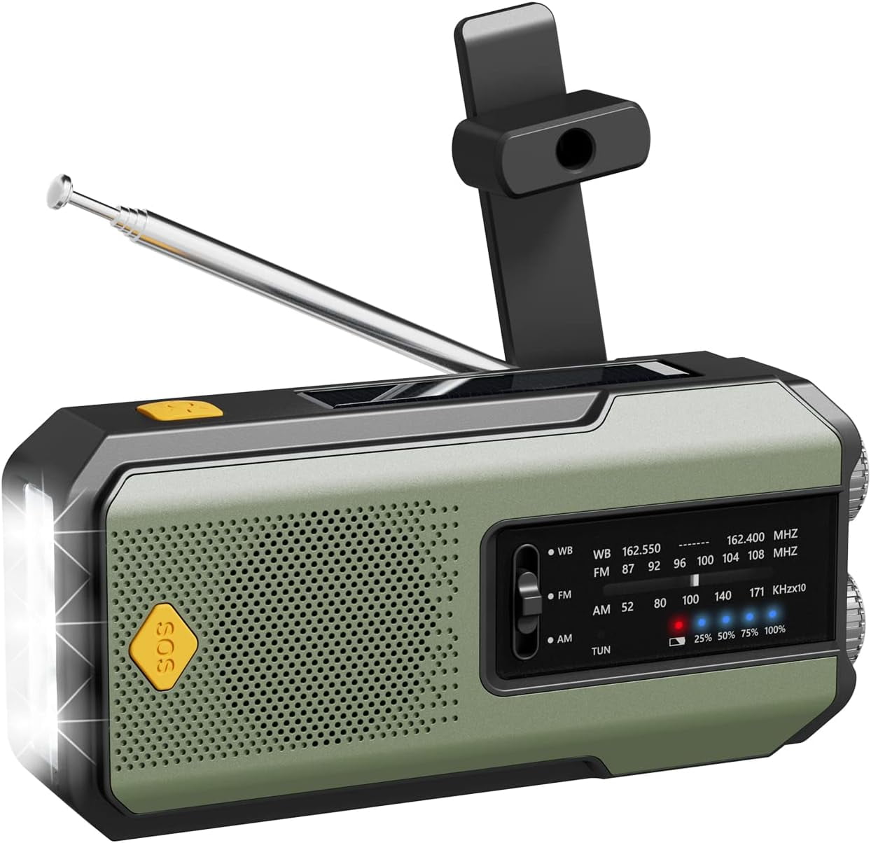 Newest Prociv Solar Emergency Wind Up Radio, Portable Hand Crank AM/FM Radio with SOS Alarm LED Torch, 2000mAh Rechargeable Power Bank USB Phone Charger Flashlight for Camping (Green)