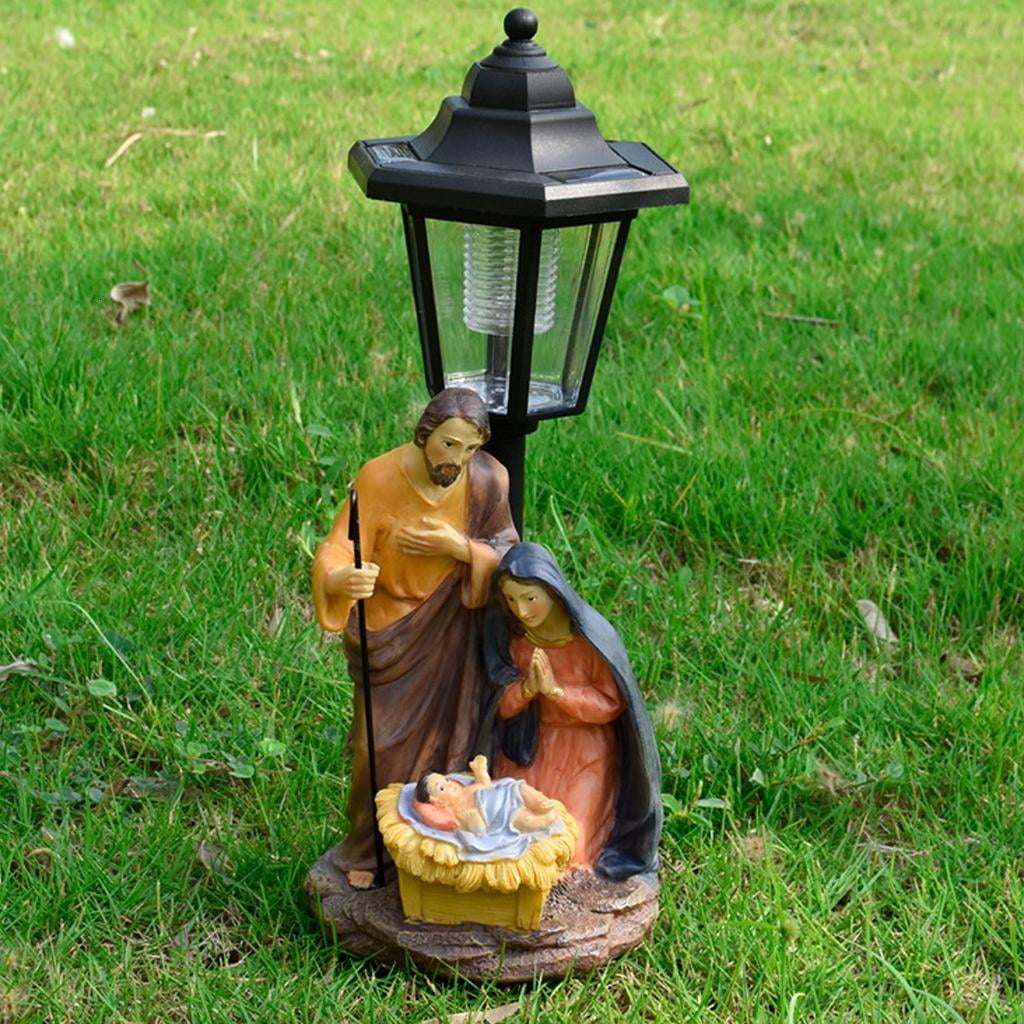 Outdoor Solar Light Religious Nativity Scene Resins Sculpture Christian Holy Family Display Garden Lawn Decoration