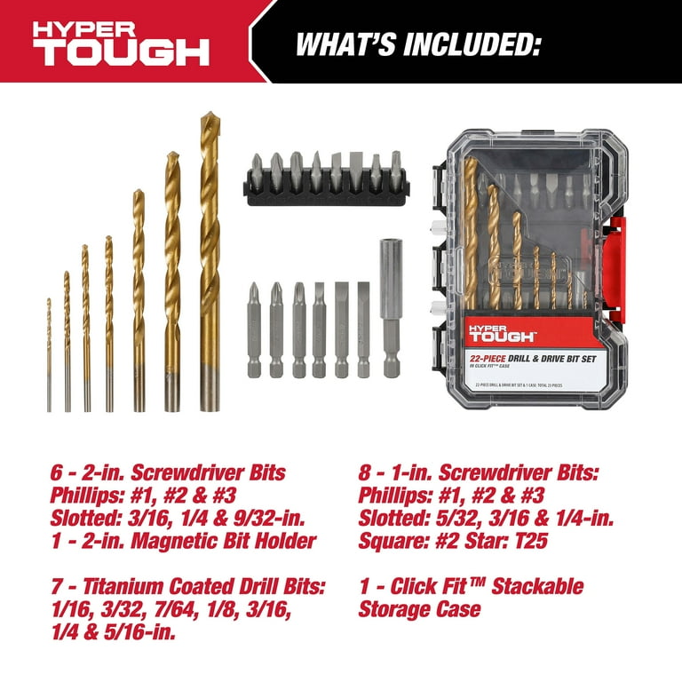 Hyper Tough Drill & Drive Set with Titanium Coated Bits 22-Piece