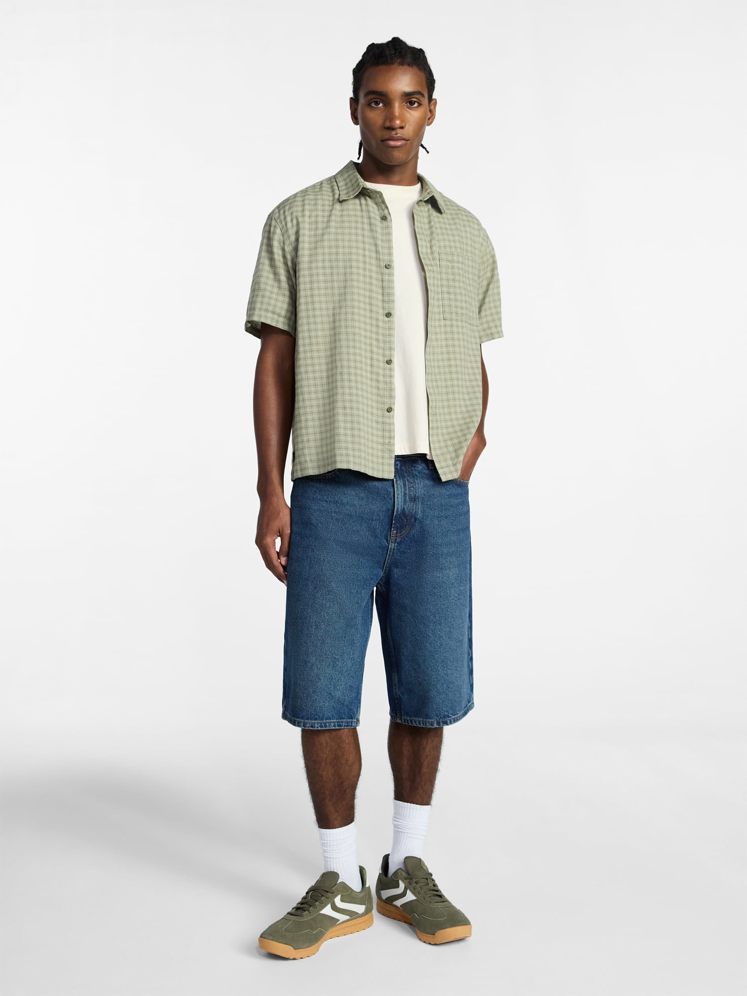 No Boundaries Plaid Shirt with Short Sleeves, Men's XS-3XL