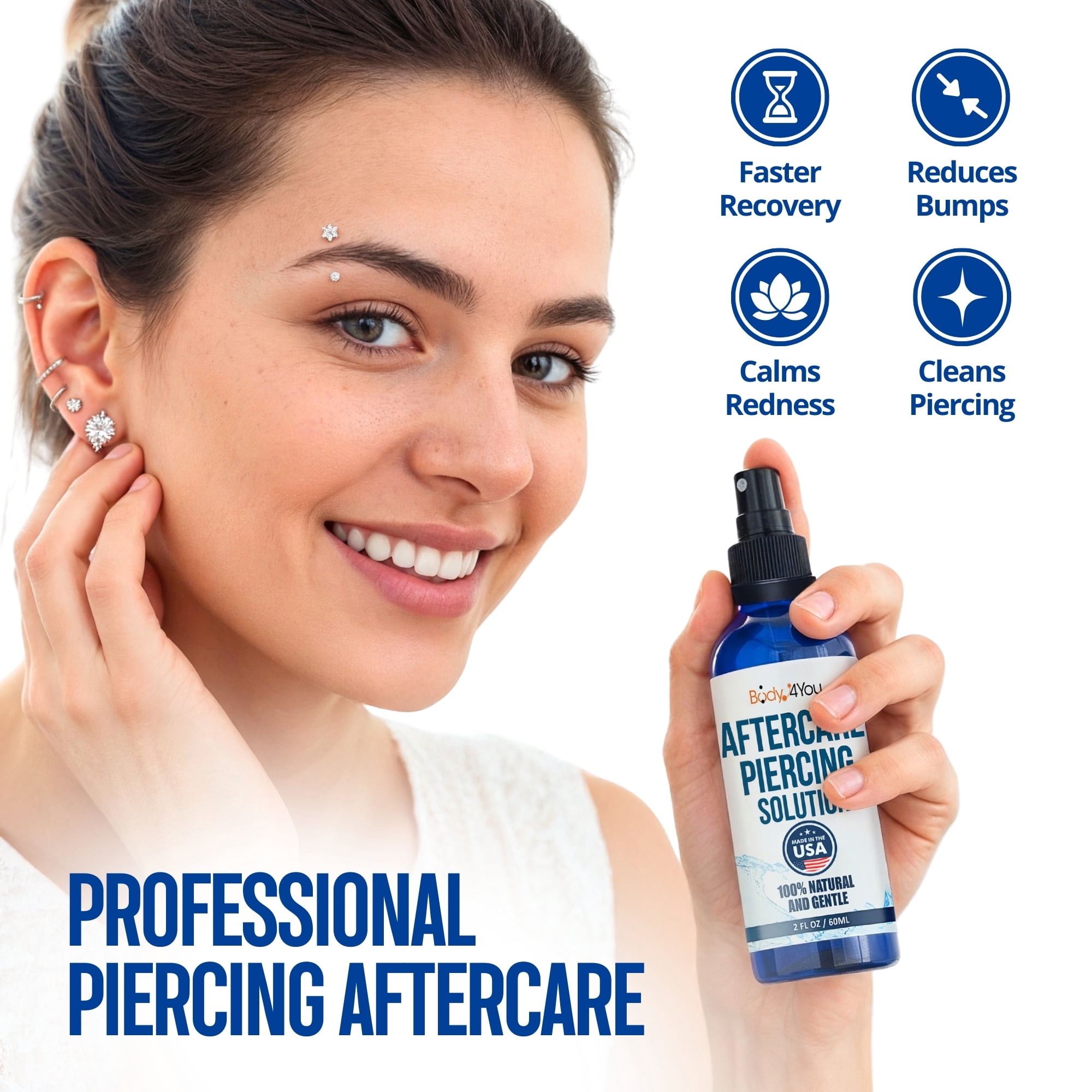 BodyJ4You Piercing Aftercare Spray - Saline Solution Natural Keloid Bump Removal - Ear Piercing Cleaner Nose Septum Belly Button - Sea Salt Aloe Vera Rosemary - Fine Mist 2 fl oz (Pack of 1)