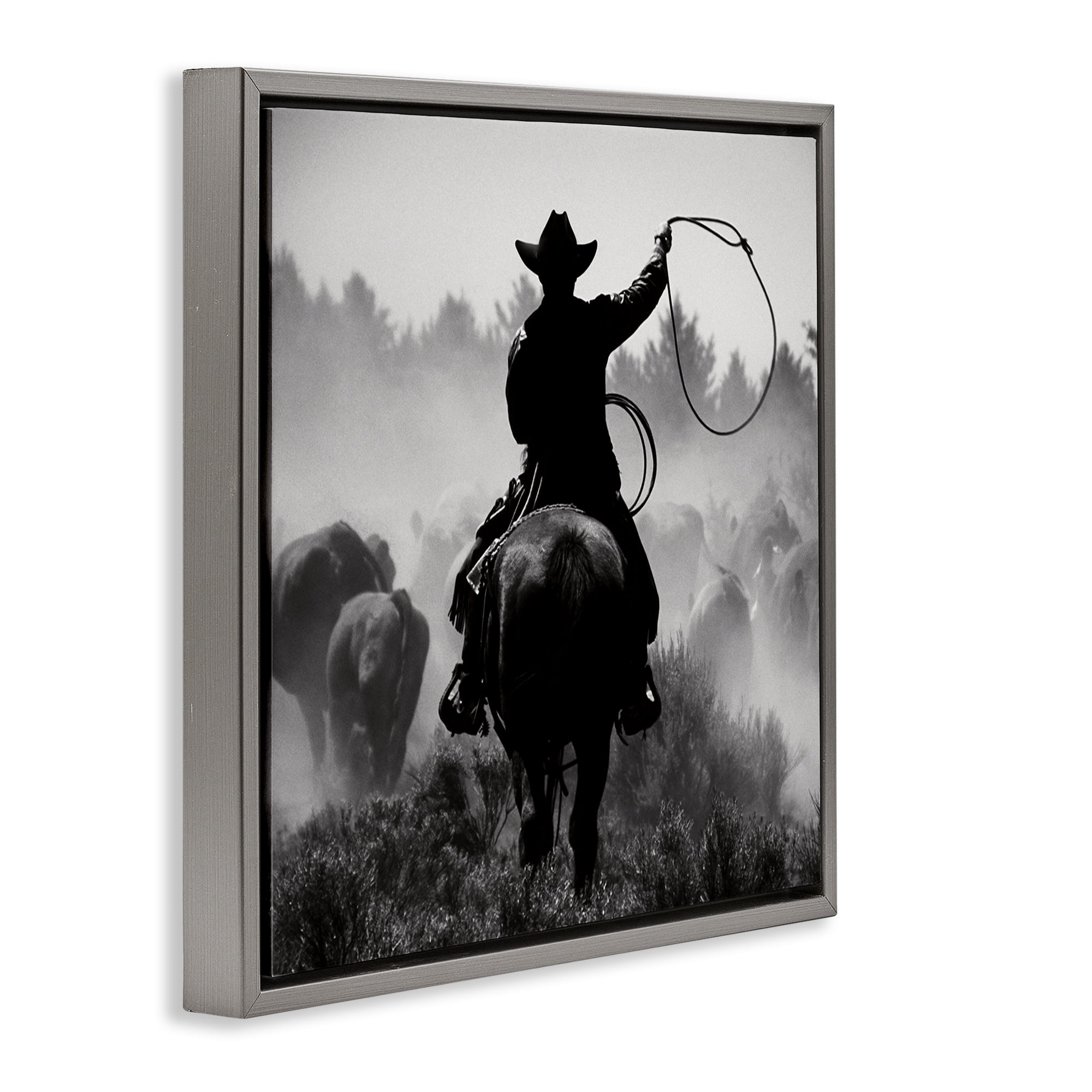 Stupell Industries Cowboy Swinging Lasso People Photography Gray Floater Framed Canvas Art Print Wall Art, 25 x 25