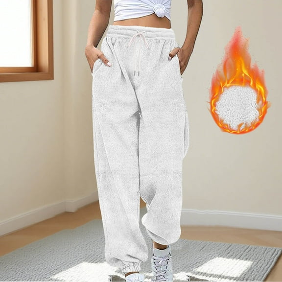 BXINGOHAI Women's Winter Warm Fleece Pants Sherpa Lined Sweatpants Jogger Track Pants Athletic Active Lounge Pants White M