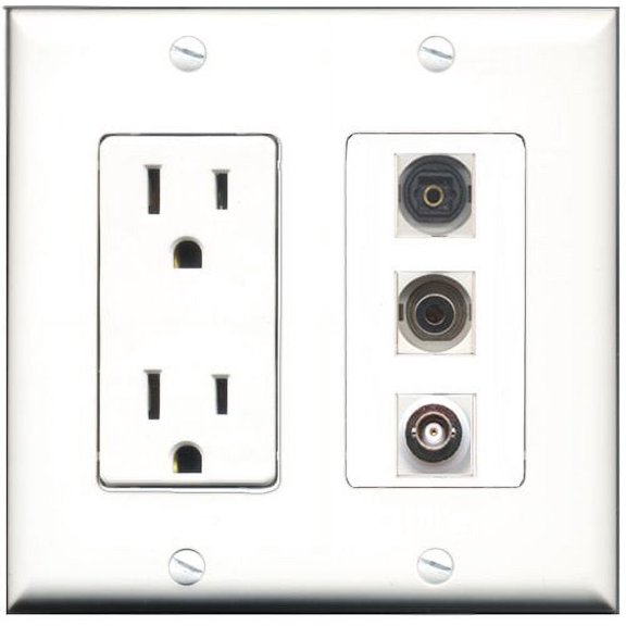 RiteAV - 15 Amp Power Outlet 1 Port Toslink 1 Port 3.5mm 1 Port BNC Decorative Wall Plate