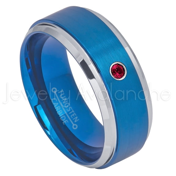 2-Tone Blue IP Tungsten Ring - 0.07ct Solitaire Ruby Ring - Personalized Tungsten Wedding Ring - Custom Made July Birthstone Ring TN693BS