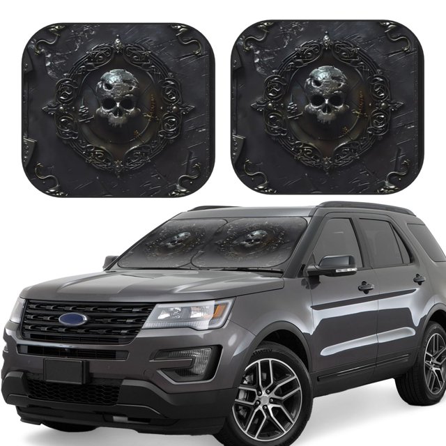 Vsdgher Ornate Dark Skull Book Print Car Windshield Sun Shade, Reflective Sunshade Window Sunshade Sun Visor Protector Fit for Cars,Trucks,SUVs-Small