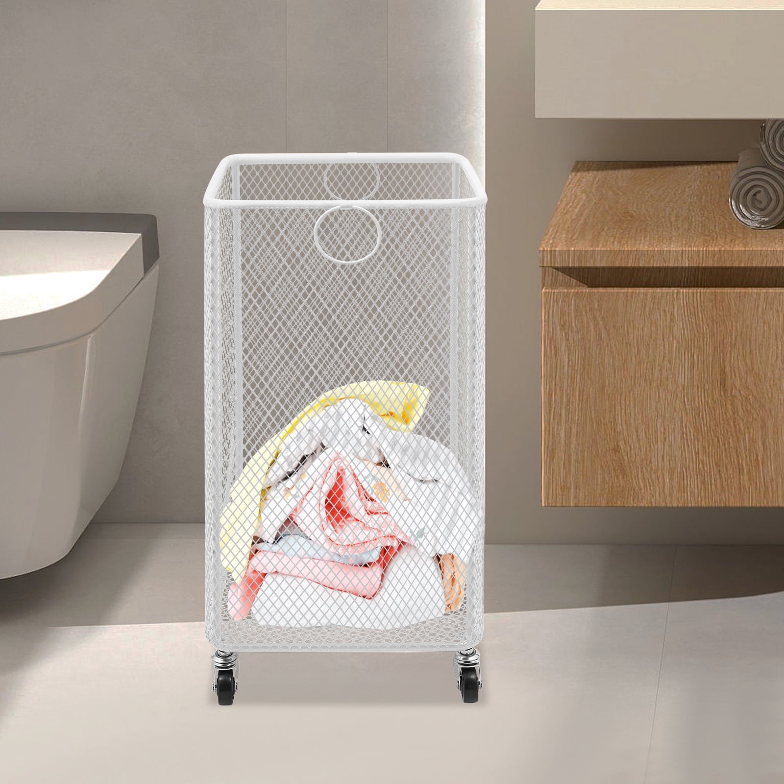 Square Rolling Laundry Basket, White Iron Dirty Clothes Hamper with Wheels, Moisture-Proof Storage Cart for Bathroom Bedroom
