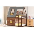 thumbnail image 4 of CoSoTower Wood Twin Size House Bunk Bed with Roof, Ladder and 2 Windows, Oak & Smoky Grey, 4 of 9