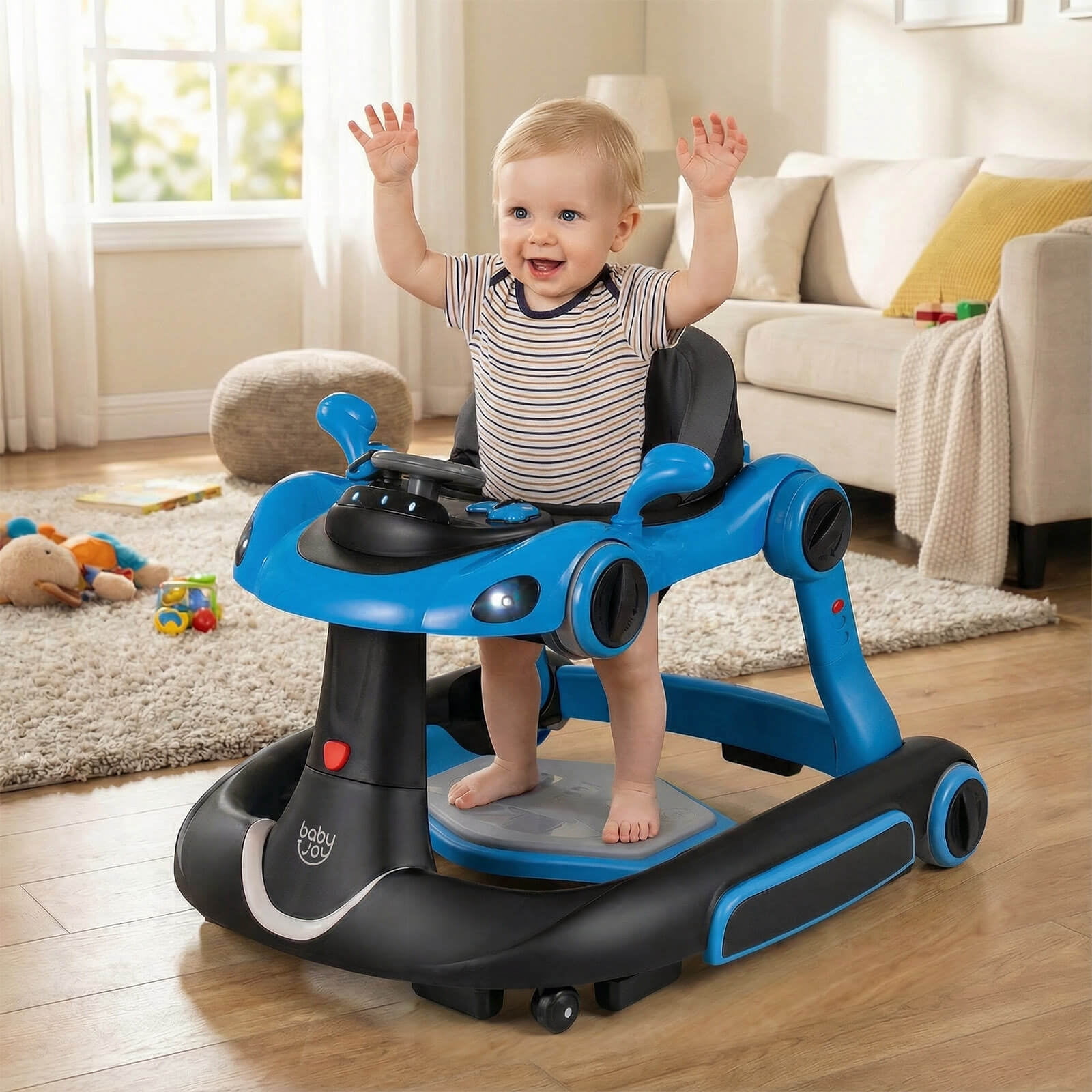 Babyjoy 6-in-1 Baby Walker with Canopy, Music, Lights, Speed/Height Adjustment & Wheels Blue + Black