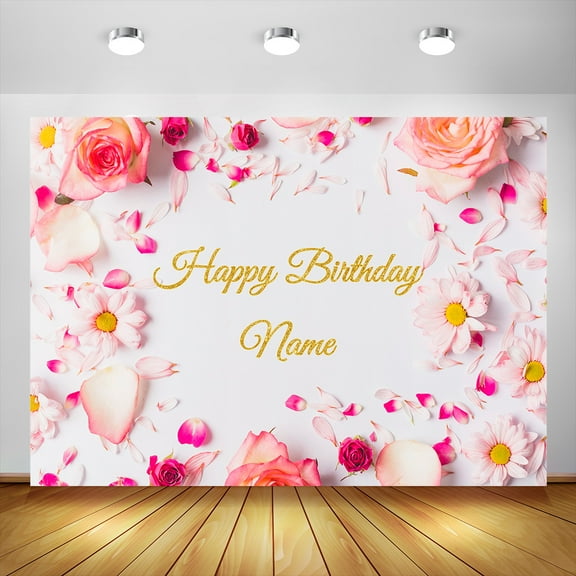 Pink Flowers Petals Birthday Party Banner Photography Backdrop Custom DIY Golden Name Backgrounds Photo Studio Children Baby