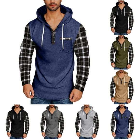ZRGHAOYLQ Patchwork Plaid Long Sleeve Hoodie Plus Size Men Big and Tall Hoodies Drawstring Button Up Shirt with Pocket Army Green L