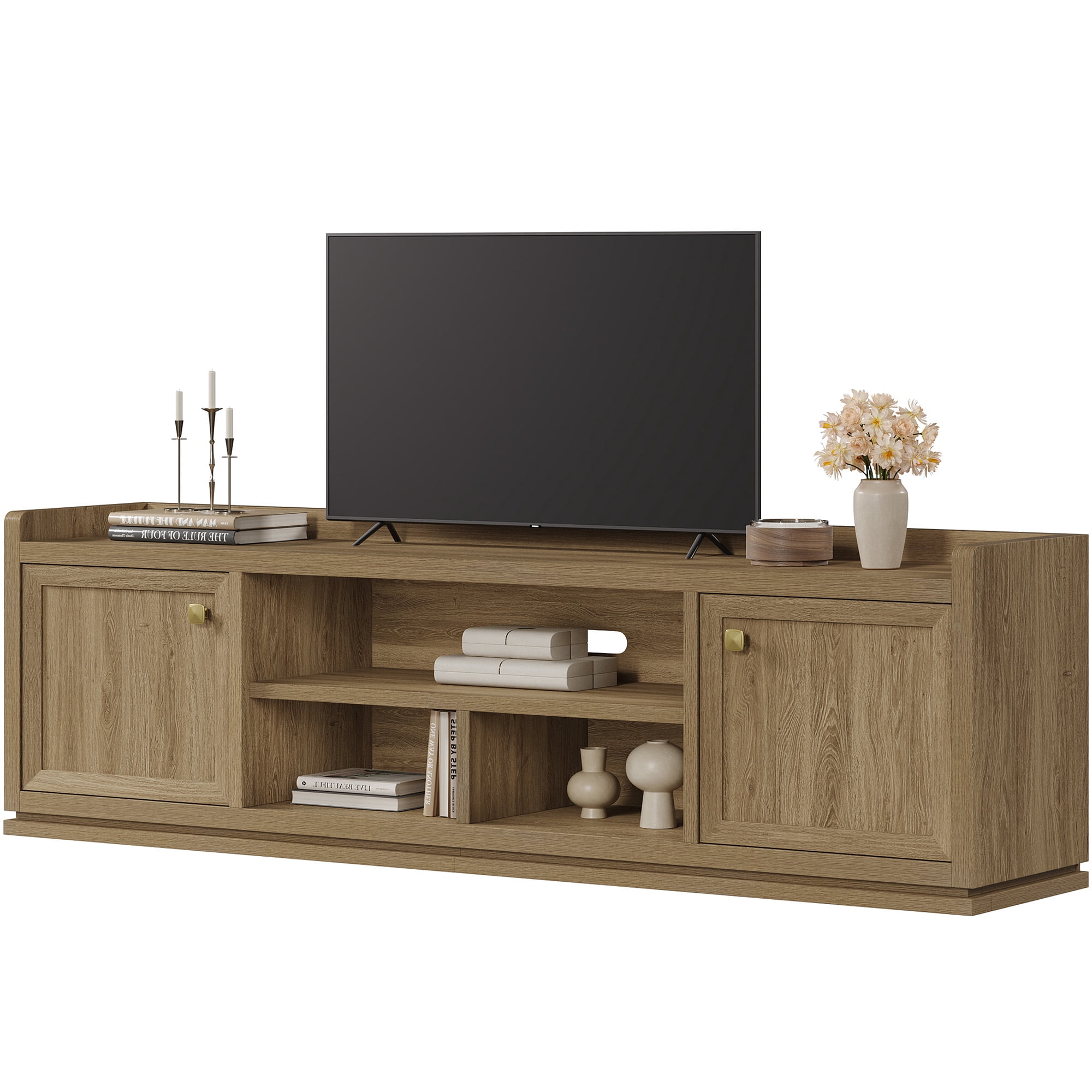 SICOTAS Farmhouse TV Stand for TVs up to 75", Entertainment Center with Storage Cabinets & Open Shelves, Wood TV Cabinet, Media Console Table for Living Room, Brown