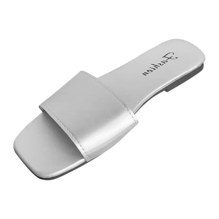 OJSFQUFP Sandals for Women Ladies Summer Slip On Solid Casual Open Toe Flat Soft Bottom Breathable Shoes Sandals Slippers Trendy Slippers Silver 41