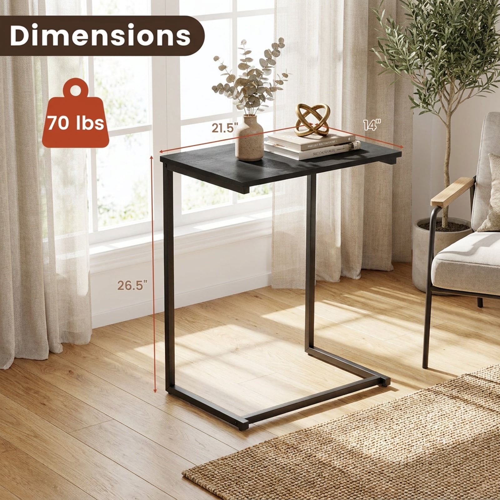 Furnibear C Shaped Side Table Sofa Snack End Table with Sturdy Metal Frame and Wood Grain Top for Living Room Bedroom and Couch, Black
