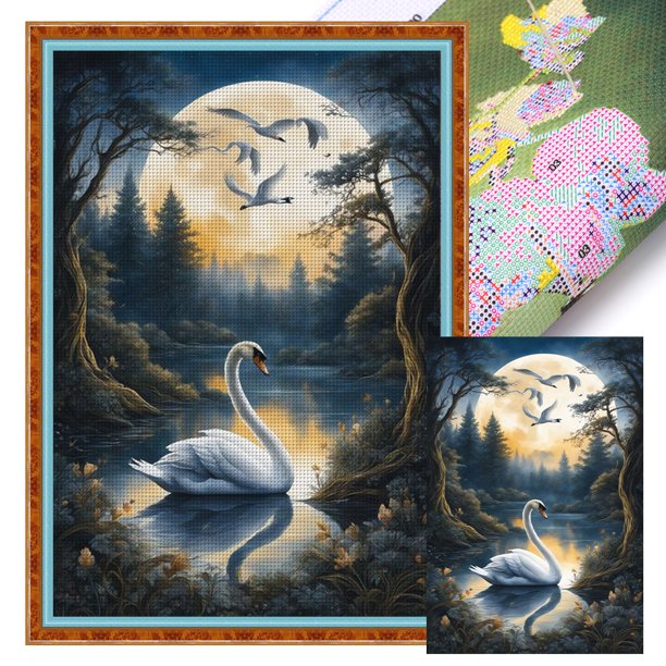 Hilo Algodón Ecológico Bordado 11CT 3 Hebras Impresión 40x60cm Kit Serie Punto Cruz Con Cisne en El Lago