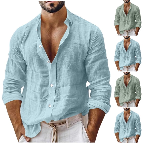 LODIENY Mens Cotton Linen Loose Fit Button Down Shirts Long Sleeve Collared Lightweight Tops for Casual Beach Vacation Light Blue M