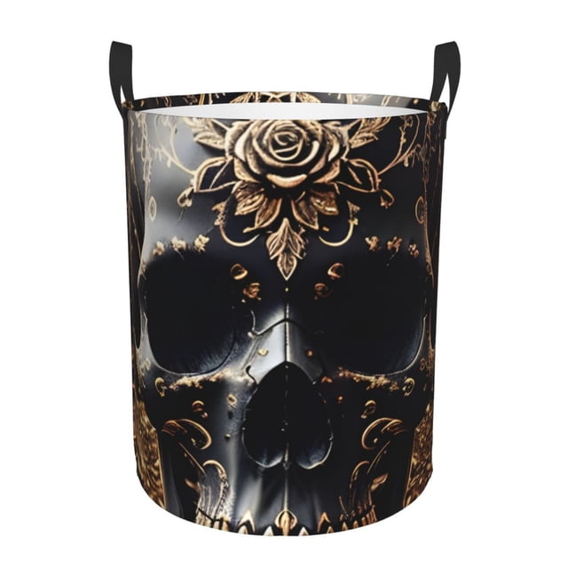 Fotbe Gold Pattern Black Skull Cesto de Ropa con Asas, Cesto Impermeable de Gran Capacidad, Bolsa de Lavado para Dormitorio, Cesto de Ropa con Ruedas y Asas-Medium